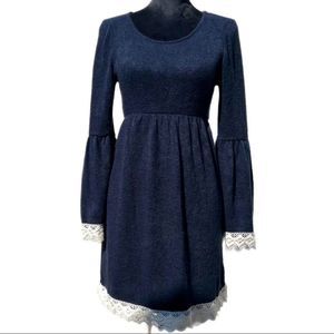 CreCe Sweater Dress Navy Blue Bell Sleeves Lace EUC Size Medium